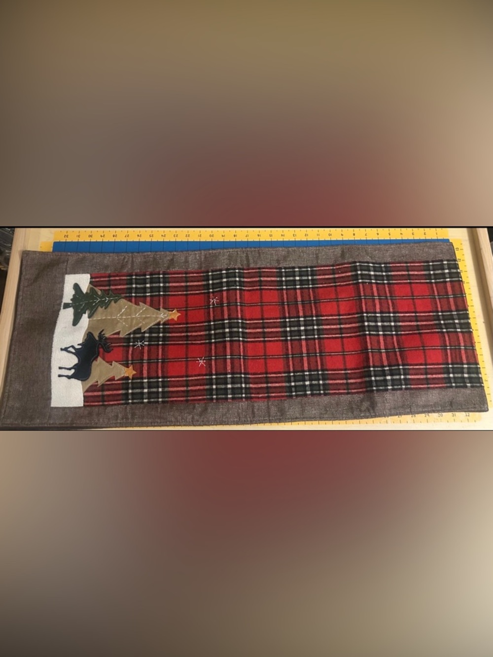 Holiday Plaid Table Runner with Tree and moose Appliqué - Red